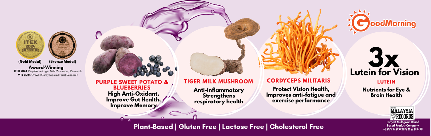 GoodMorning VGrains Multigrain Beverage - Purple Sweet Potato | Blueberries | Tiger-Milk Mushroom 30g x 12sachets